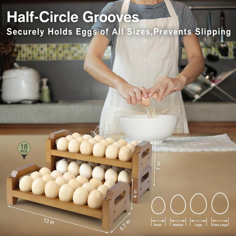 Uibyriy 2-Tier Wooden Egg Holder for 36 Eggs, Wooden Egg Holder Countertop with Carry Handle for Chicken, Duck, and Quail Eggs (Stackable) - Image 3